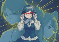 1boy 2girls blue_theme blunt_bangs breasts center_frills closed_mouth collared_shirt cone_hair_bun cowboy_shot double_bun frilled_shirt frilled_sleeves frills fukurai_azami glasses hair_bun hands_on_eyewear hands_up highres jasmine_(toshi_densetsu_kaitai_center) limited_palette long_sleeves looking_at_viewer looking_to_the_side marrontorisu medium_breasts meguriya_ayumu multiple_girls profile shirt short_hair smile spot_color standing swept_bangs toshi_densetsu_kaitai_center
