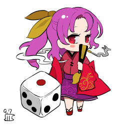 1girl chibi dice floral_print full_body geta hand_fan holding holding_fan japanese_clothes kimono komakusa_sannyo looking_at_viewer maaru_(akira428) okobo platform_sandals ponytail purple_hair purple_skirt red_eyes red_kimono sandals skirt smoking smoking_pipe solo touhou white_background wide_sleeves
