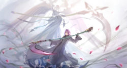 1boy 1girl absurdres aura black_cloak black_coat_(kingdom_hearts) black_gloves blurry cloak dark_aura depth_of_field gloves gogo_(detteiu_de) highres huge_weapon kingdom_hearts kingdom_hearts_chain_of_memories looking_at_viewer marluxia mask multiple_wings petals pink_hair scythe smile weapon wings zipper