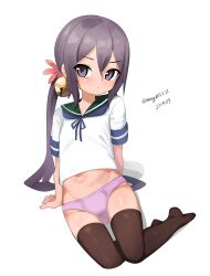 1girl absurdres akebono_(kancolle) bell black_thighhighs blue_neckerchief blue_sailor_collar flat_chest flower hair_bell hair_flower hair_ornament highres jingle_bell kantai_collection maru_(marg0613) neckerchief no_pants one-hour_drawing_challenge panties pink_panties purple_eyes purple_hair sailor_collar sailor_shirt school_uniform serafuku shirt side_ponytail simple_background solo thighhighs underwear white_background white_shirt