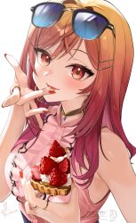 Rule 34 | 1girl, ahoge, bare arms, blouse, cake, center frills, colored inner hair, commentary request, earrings, eyewear on head, food, frills, gold choker, gradient hair, hair ornament, hairclip, highres, holding, holding cake, holding food, hololive, hololive dev is, ichijou ririka, ichijou ririka (1st costume), jewelry, kito koruta, licking, licking finger, long hair, looking at viewer, multicolored hair, multiple rings, nail polish, orange eyes, orange hair, pink hair, pink shirt, red nails, ring, shirt, shirt tucked in, simple background, sleeveless, sleeveless shirt, solo, sunglasses, swept bangs, tongue, tongue out, upper body, virtual youtuber, white background