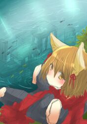 1boy ajie_(sura-kun) animal_ears black_pants black_shirt blonde_hair closed_mouth commentary_request cowboy_shot expressionless fox_boy fox_ears from_above grass guillotine_cross_(ragnarok_online) hair_ribbon looking_at_viewer looking_to_the_side male_focus pants ragnarok_online red_ribbon red_scarf ribbon river ruins scarf shirt short_hair sitting sleeveless sleeveless_shirt soaking_feet solo water yellow_eyes