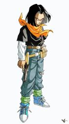 1boy android_17 bandana belt belt_pouch black_hair black_shirt blue_pants blue_shoes brown_belt denim dragon_ball dragonball_z full_body green_socks gun handgun highres holding holding_gun holding_weapon holster initial jeans kakeru_(dbskakeru) layered_sleeves long_sleeves looking_to_the_side multicolored_shoes orange_bandana pants pouch red_eyes shirt shoes short_over_long_sleeves short_sleeves simple_background socks solo straight_hair toriyama_akira_(style) torn_clothes torn_pants traditional_media two-tone_shoes weapon weapon_request white_background white_shoes white_sleeves