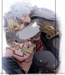 2boys antenna_hair armor bare_pectorals black_coat black_pants black_shirt blonde_hair carrying carrying_person chest_tattoo closed_eyes coat com777790 commentary_request crying facial_tattoo gold_necklace gradient_hair hair_between_eyes hand_on_another&#039;s_head highres honkai:_star_rail honkai_(series) hug jewelry korean_commentary male_focus medium_hair multicolored_hair multiple_boys mydei_(honkai:_star_rail) necklace open_clothes open_coat pants pauldrons pectorals phainon_(honkai:_star_rail) red_hair red_tattoo shirt short_hair shoulder_armor single_pauldron tattoo white_coat white_hair yaoi yellow_eyes