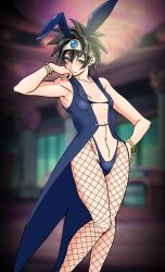 Rule 34 | 1girl, absurdres, alternate costume, animal ears, black bra, black hair, blue gemstone, blue jacket, blue panties, blurry, blurry background, blush, bra, bracelet, breasts, circlet, cleavage, commentary request, dragon quest, dragon quest iii, fake animal ears, fishnet pantyhose, fishnets, gem, gold bracelet, grey eyes, hand on own hip, heroine (dq3), highres, jacket, jewelry, linea alba, looking at viewer, midori (bar midori), midriff, multiple bracelets, navel, panties, pantyhose, rabbit ears, red pupils, revealing clothes, roto (dq3), silver circlet, sleeveless, sleeveless jacket, small breasts, spiked hair, tailcoat, tailcoat playboy bunny, thong, underboob, underwear