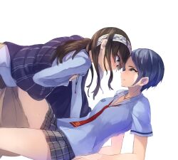 2girls absurdres arm_rest blue_hair blue_shawl blue_shirt blush brown_hair dark_blue_hair eye_contact grey_skirt hairband hayami_kanade highres idolmaster idolmaster_cinderella_girls long_sleeves looking_at_another loose_necktie miniskirt multiple_girls necktie open_collar profile red_necktie sagisawa_fumika school_uniform shawl shirt short_sleeves simple_background sitting skirt wawawa_(hisuterisisusa) white_background white_hairband yuri