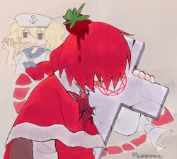 2girls blonde_hair bow bowtie braid cross food fruit hat holding kitashirakawa_chiyuri long_hair mob_cap multiple_girls okazaki_yumemi pepponeppo red_bow red_bowtie red_hair ribbon sailor sailor_hat short_hair smoking smoking_pipe smug strawberry touhou touhou_(pc-98) twintails