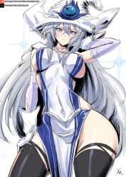 Rule 34 | 1girl, artist name, black thighhighs, blue dress, breasts, dress, duel monster, gloves, grey hair, hair between eyes, hand in own hair, hand on own thigh, hat, highres, long hair, looking at viewer, official alternate costume, patreon username, purple eyes, sideboob, signature, silent magician, sparkle, thighhighs, white gloves, white hat, wizard hat, xhaart, yu-gi-oh!