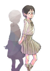 1girl brown_eyes brown_hair dennou_coil glasses green_ribbon green_skirt honzawa_yuuichirou okonogi_yuuko ribbon school_uniform shadow skirt solo standing white_background
