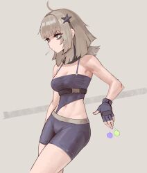 1girl aa-12_(girls&#039;_frontline) absurdres ahoge bags_under_eyes bare_arms bare_shoulders belt black_belt black_eyeliner black_eyeshadow black_gloves black_shirt black_shorts blue_eyes breasts bright_pupils brown_hair buckle camisole candy cleavage commentary covered_groin cowboy_shot eyeliner eyeshadow fingerless_gloves food girls&#039;_frontline girls&#039;_frontline_2:_exilium gloves grey_background hair_ornament highres holding holding_candy holding_food holding_lollipop lollipop lollipop_in_mouth long_hair makeup medium_hair navel shirt shorts simple_background snap-fit_buckle soldat_(dndosld73832) solo spaghetti_strap star_(symbol) star_hair_ornament thighs white_pupils