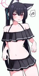 1girl animal_ears bikini black_bikini black_hair blue_archive breasts halo highres long_hair navel official_alternate_costume red_eyes red_halo serika_(blue_archive) serika_(swimsuit)_(blue_archive) simple_background small_breasts solo sweat swimsuit white_background yuntaro_(ramen_star)