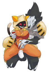 1boy 1girl absurdres animal_ears arc_system_works areola_slip black_fur blazblue blush bra braid breasts breasts_out breath cat_ears cat_girl cat_tail character_request claws clothing_aside cowboy_shot dark-skinned_female dark_skin doce drooling fangs grabbing_another&#039;s_breast grin groping held_up hetero highres hood hoodie large_breasts mask monster_girl panties panties_aside penis pussy red_bra red_eyes red_panties reverse_suspended_congress sex sex_from_behind sharp_teeth simple_background skull_mask smile spread_legs standing tail taokaka teeth twin_braids uncensored underwear vaginal white_background white_eyes