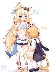 2girls absurdres ahoge animal_ear_fluff animal_ears bikini bikini_under_shorts black_dress blonde_hair blue_bikini blue_eyes blue_hair blush breasts cat_ears cat_tail commentary dooby_(vtuber) dress english_commentary fins fish_girl fish_tail highleg highleg_bikini highres indie_virtual_youtuber lifebuoy_hair_ornament long_hair loose_socks low_twintails ma_draws mouse_tail multicolored_hair multiple_girls navel open_mouth pinafore_dress platform_sandals poking_belly sameko_saba sandals shirt short_hair short_shorts short_sleeves shorts simple_background sleeveless sleeveless_dress small_breasts socks squatting streaked_hair striped_bikini striped_clothes swimsuit tail toes twintails two-tone_hair very_long_hair white_background white_shirt white_shorts white_socks