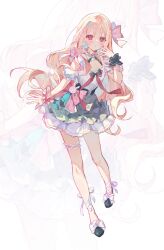 1girl absurdres bare_shoulders blonde_hair blush bow bowtie commentary commission dress full_body green_scrunchie green_shoes hand_up highres long_hair looking_at_viewer original parted_lips pink_ribbon pink_scrunchie red_bow red_bowtie red_eyes ribbon scrunchie sha_(nz2) shoes short_sleeves solo thigh_strap white_dress wrist_scrunchie zoom_layer