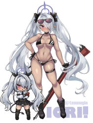 1girl akikaze_tsumuji bikini black_bikini black_boots black_gloves black_skirt blue_archive boots breasts character_name dark-skinned_female dark_skin demon_tail eyewear_on_head full_body gloves gluteal_fold grey_hair gun hair_over_one_eye halo hand_on_own_hip highres holding holding_gun holding_weapon iori_(blue_archive) iori_(swimsuit)_(blue_archive) long_hair looking_at_viewer medium_breasts navel official_alternate_costume pointy_ears purple_halo red_eyes simple_background skirt solo sunglasses swimsuit tail twintails weapon white_background