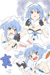 Rule 34 | 1girl, animal ears, bare shoulders, black gloves, black leotard, blue hair, braid, breasts, brown eyes, carrot hair ornament, commentary request, controller, detached sleeves, don-chan (usada pekora), dress, ears down, food-themed hair ornament, fur-trimmed gloves, fur trim, game controller, gloves, hair between eyes, hair ornament, highres, holding, holding controller, holding game controller, hololive, kiritoma, leotard, multicolored hair, multiple views, no pupils, open mouth, parted lips, puffy short sleeves, puffy sleeves, rabbit-shaped pupils, rabbit ears, short eyebrows, short sleeves, signature, small breasts, steepled fingers, strapless, strapless dress, strapless leotard, symbol-shaped pupils, tears, thick eyebrows, translation request, twin braids, twintails, two-tone hair, usada pekora, usada pekora (1st costume), virtual youtuber, wavy mouth, white dress, white hair, white sleeves
