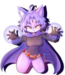 1girl 2025 ahoge animal_nose arms_up belt black_gloves black_leotard blaze_the_cat branuzzz breasts cape cat_nose commentary contrapposto cosplay cropped_legs crossover dc_comics english_commentary forehead_jewel furry furry_female gloves groin half-closed_eyes highres leotard long_eyelashes magic medium_breasts navel parted_bangs parted_lips purple_cape purple_fur raven_(dc)_(cosplay) sega shadow short_hair solo sonic_(series) spread_fingers straight-on thick_thighs thighs white_background yellow_eyes