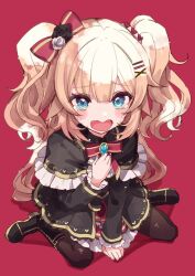 1girl akai_haato akai_haato_(gothic_lolita) black_dress boots bow crying crying_with_eyes_open dress hair_ornament hairpin heart heart_hair_ornament hololive nanado_shion official_alternate_costume open_mouth sitting skirt solo tears twintails virtual_youtuber wariza