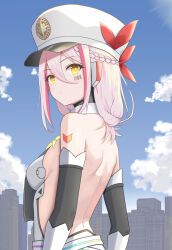 1girl absurdres backless_outfit barcode barcode_tattoo bare_back bare_shoulders braid breasts commentary_request detached_sleeves epic_seven from_behind hair_between_eyes hat highres konjou landy_(epic_seven) long_hair long_sleeves looking_at_viewer looking_back median_furrow multicolored_hair no_cape outdoors peaked_cap pink_hair small_breasts solo streaked_hair tattoo upper_body white_hat yellow_eyes