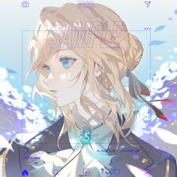 1girl aqua_gemstone ascot blonde_hair blue_eyes blue_jacket blurry blurry_background brooch chinese_commentary closed_mouth commission day falling_petals gem hair_bun hair_intakes hair_ribbon highres jacket jewelry lips looking_to_the_side petals portrait red_ribbon ribbon sample_watermark shirt single_hair_bun solo violet_evergarden violet_evergarden_(series) watermark white_ascot white_shirt yichun583