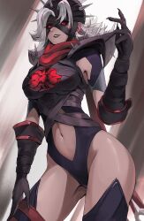 1girl absurdres armor bandaged_head bandages black_leotard black_sclera breasts clothing_cutout colored_sclera cowboy_shot fantastic_four grey_background grey_hair hand_up highleg highleg_leotard highres large_breasts leotard looking_at_viewer malice_(sue_storm) marvel marvel_rivals navel navel_cutout parted_lips pingfan_de_mao red_eyes shoulder_spikes solo spiked_armor spiked_helmet spiked_pauldrons spikes sue_storm teeth two-tone_background white_background