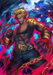 1boy abs arm_tattoo aura bandaged_hand bandages belt beowulf_(fate) black_belt black_pants blonde_hair blue_background bracer chain clenched_hand cowboy_shot curtained_hair dark-skinned_male dark_skin fate/grand_order fate_(series) fighting_stance from_below gold_bracer grin hand_up legs_apart looking_at_viewer male_focus multiple_scars muscular muscular_male nipples official_art pants pectorals red_eyes scar scar_across_eye scar_on_chest scar_on_face short_hair shoulder_tattoo simosi smile solo standing tattoo teeth third-party_source v-shaped_eyebrows very_dark_skin