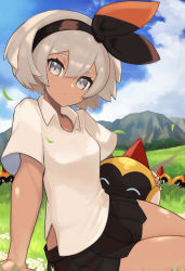 1girl alternate_costume arm_support bad_id bad_pixiv_id bea_(pokemon) black_hairband black_ribbon black_skirt blue_eyes blue_sky breasts closed_mouth cloud collared_shirt commentary_request dark-skinned_female dark_skin day falinks gen_8_pokemon grass hair_ribbon hairband highres looking_at_viewer meadow miniskirt mountain nintendo nuneno official_alternate_costume on_grass outdoors pleated_skirt pokemon pokemon_(creature) pokemon_swsh ribbon shirt short_hair short_sleeves silver_hair sitting skirt sky thighs white_shirt yokozuwari