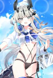 Rule 34 | 1girl, arknights, bikini, black bikini, blue sky, commentary, cowboy shot, dragon girl, dragon horns, dragon tail, grey eyes, grey hair, highres, hiyoko (96823534), horns, long hair, looking at viewer, official alternate costume, open mouth, reed (arknights), reed the flame shadow (arknights), reed the flame shadow (summer flower) (arknights), sky, smile, solo, swimsuit, tail