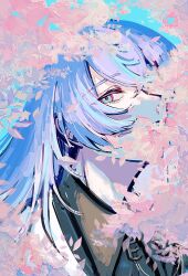 1boy aqua_eyes blue_background blue_hair cherry_blossoms highres hoshirube_sho long_hair looking_at_viewer male_focus miya_desu multicolored_hair nijisanji petals simple_background solo two-tone_hair upper_body virtual_youtuber