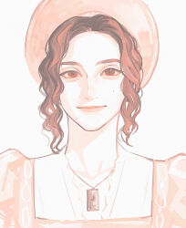 1girl brown_eyes brown_hair commentary curly_sidelocks english_commentary forehead headdress highres jewelry lilia_calderu linbeiyx lips marvel marvel_cinematic_universe mole mole_under_eye mole_under_mouth multiple_moles pale_color pendant pink_headdress portrait puffy_sleeves realistic sidelocks simple_background smile solo square_neckline straight-on wavy_hair white_background