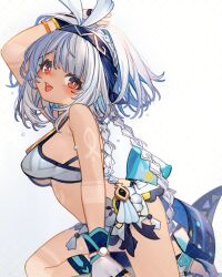 1girl arm_up blue_hairband breasts crop_top fingerless_gloves fish-shaped_pupils genshin_impact gloves hairband hawaiian_clothes highres kochiya_(gothope) long_hair looking_at_viewer medium_breasts mualani_(genshin_impact) open_mouth red_eyes tan tanline watermark watermark_grid white_background white_gloves white_hair