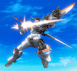Rule 34 | 1980s (style), d-1, flying, foreshortening, kikou senki dragonar, mecha, no humans, oldschool, platin (alios), retro artstyle, robot, sky, weapon, wings