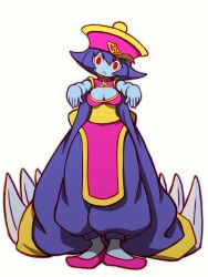 1girl beeru_(veil8801) blue_hair blue_pants blue_skin blush_stickers breasts cleavage colored_skin darkstalkers full_body hat head_tilt highres hsien-ko jiangshi medium_breasts ofuda outstretched_arms pants pink_hat qingdai_guanmao red_eyes sash short_hair simple_background solo standing white_background yellow_sash zombie_pose