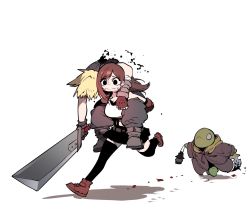 1boy 1girl black_hair black_skirt black_thighhighs blonde_hair blood bloody_weapon buster_sword carrying cloud_strife final_fantasy final_fantasy_vii final_fantasy_vii_remake fleeing highres knife monster running skirt spiked_hair ssambatea suspender_skirt suspenders tank_top thighhighs tifa_lockhart tonberry unconscious weapon white_tank_top