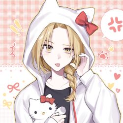 ! !! 1boy ^^^ aegyo_sal androgynous anger_vein animal_hood black_shirt blonde_hair bow braid cat_hood character_doll collarbone commentary_request cosplay curtained_hair ebina_(hfn29852262) edward_elric eyebrows_hidden_by_hair fullmetal_alchemist hair_tie hand_up heart hello_kitty hello_kitty_(character) hello_kitty_(character)_(cosplay) highres holding holding_stuffed_toy hood hood_up hooded_jacket jacket long_hair long_sleeves looking_at_viewer male_focus outline parted_bangs puffy_long_sleeves puffy_sleeves raised_eyebrow red_background red_bow sanrio shirt simple_background single_braid solo spoken_anger_vein straight-on stuffed_animal stuffed_cat stuffed_toy tongue tongue_out upper_body white_jacket yellow_eyes yellow_outline
