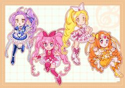 Rule 34 | blonde hair, blue arm warmers, blue boots, blue bow, blue bowtie, blue choker, blue eyes, blue flower, blue rose, blue shirt, blue skirt, boots, border, bow, bow hairband, bow skirt, bowtie, box, braid, bright pupils, brooch, bubble skirt, capelet, chibi, choker, circle skirt, circlet, claw pose, closed mouth, cropped shirt, crown braid, cure beat, cure melody, cure muse (yellow), cure rhythm, deformed, determined, dot nose, dotted line, dress, dress bow, earrings, eyelashes, feather hair ornament, feathers, flower, footwear bow, forehead, frilled arm warmers, frilled capelet, frilled dress, frilled footwear, frilled shirt, frilled skirt, frilled sleeves, frilled wrist cuffs, frills, full body, green eyes, grey shirt, grid background, hair between eyes, hair bow, hair ornament, hair ribbon, hairband, happy, heart, heart brooch, heart earrings, heart hair ornament, high heel boots, high heels, high ponytail, highres, houjou hibiki, instrument, jewelry, knee boots, knee up, kurokawa eren, lace-up boots, leg up, long hair, long sleeves, looking at viewer, magical girl, minamino kanade, miniskirt, neckerchief, open mouth, orange border, orange bow, orange hair, outline, outside border, over-kneehighs, petticoat, pink boots, pink bow, pink bowtie, pink eyes, pink hair, pink shirt, pink skirt, pink socks, pink vest, pink wrist cuffs, pleated dress, ponytail, precure, puffy short sleeves, puffy sleeves, purple bow, purple hair, ribbon, rose, shirabe ako, shirt, short dress, short sleeves, sidelocks, signature, skirt, sleeveless, sleeveless shirt, sleeves past wrists, smile, socks, square neckline, standing, suite precure, tareme, thigh boots, thighhighs, treble clef, tsurime, twintails, twintails with braided base, two-tone skirt, uwded 207, very long hair, vest, wavy hair, white boots, white bow, white bowtie, white choker, white dress, white hairband, white outline, white pupils, white skirt, white wrist cuffs, wrist bow, wrist cuffs, yellow boots, yellow bow, yellow capelet, yellow choker, yellow eyes, yellow neckerchief, yellow skirt
