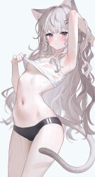 1girl absurdres animal_ear_fluff animal_ears arm_up armpits arms_behind_head black_buruma blush breasts buruma cat_ears cat_girl cat_tail clothes_lift commentary_request fymrie grey_hair hair_ornament highres lifting_own_clothes long_hair looking_at_viewer navel no_bra open_mouth original purple_eyes resia_(emonmong) shirt_lift simple_background small_breasts solo sweat sweatdrop tail tank_top thighs underboob very_long_hair white_background white_tank_top x_hair_ornament