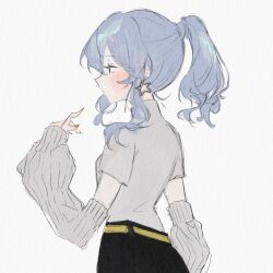 Rule 34 | 1girl, alternate costume, alternate hairstyle, arm warmers, belt, blue hair, breasts, cowboy shot, earrings, from side, grey arm warmers, grey shirt, hand up, high ponytail, highres, hololive, hoshimachi suisei, jewelry, kyrl, long hair, looking ahead, ponytail, profile, shirt, short sleeves, sidelocks, simple background, small breasts, solo, star (symbol), star earrings, virtual youtuber, white background, yellow belt