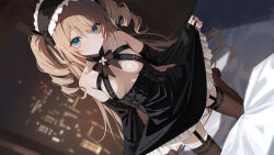 1girl absurdres alternate_hairstyle aogiri_koukou aqua_eyes bare_shoulders black_dress black_garter_straps black_thighhighs breasts breasts_apart brown_hair cityscape closed_mouth detached_sleeves dress drill_hair expressionless garter_straps hairband highres indoors kkix25 kneeling kurikoma_komaru large_breasts long_hair long_sleeves looking_at_viewer night on_bed sleeveless sleeveless_dress solo thighhighs twin_drills virtual_youtuber