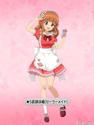 1girl apron bare_arms blunt_bangs blush bow bowtie breasts brown_eyes brown_shoes cellphone character_name collarbone dress floral_print frilled_apron frilled_dress frills full_body girls_und_panzer girls_und_panzer_senshadou_daisakusen! gradient_background hairband holding holding_phone large_bow legs loafers lolita_hairband medium_hair official_art open_mouth orange_hair phone plaid_bow plaid_bowtie plaid_clothes puffy_short_sleeves puffy_sleeves red_background red_bow red_bowtie red_dress red_ribbon ribbon sailor_collar shoes short_sleeves smartphone smile socks standing takebe_saori taking_picture thighs translated v wavy_hair white_apron white_sailor_collar white_socks white_stripes