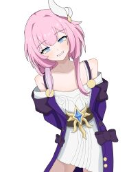 Rule 34 | 1girl, absurdres, arms behind back, bare shoulders, breasts, coat, collarbone, commentary request, cyrene (honkai: star rail), dress, hair ornament, highres, honkai: star rail, honkai (series), looking at viewer, multicolored hair, nazono s9n, parted lips, pink hair, purple coat, short hair, simple background, small breasts, smile, solo, two-tone hair, white background, white dress, white hair