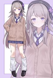 07nono06 1girl absurdres alternate_costume beret black_hat black_shoes brown_cardigan brown_hair cardigan closed_mouth collared_shirt commentary_request expressionless flower full_body hair_ribbon hand_on_own_hip hat hat_flower herta_(honkai:_star_rail) herta_(puppet)_(honkai:_star_rail) highres honkai:_star_rail honkai_(series) humanization leg_warmers loafers long_hair long_sleeves looking_at_viewer loose_necktie miniskirt necktie plaid_clothes plaid_skirt purple_background purple_eyes purple_flower purple_necktie purple_skirt ribbon school_uniform shirt shoes simple_background skirt striped_necktie two-tone_background very_long_hair white_background white_leg_warmers white_shirt zoom_layer