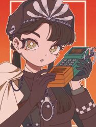 Rule 34 | 1girl, :o, beret, black dress, black gloves, black hair, black hat, cape, cellphone, chin strap, dress, gloves, gradient background, hands up, hareuk, hat, highres, holding, holding phone, liang yue (reverse:1999), low twintails, orange background, phone, police, police uniform, policewoman, red background, reverse:1999, side cape, solo, twintails, upper body, white cape, yellow eyes