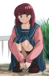1girl black_eyes black_socks blue_sailor_collar blue_skirt brown_hair brown_shoes closed_mouth commentary dot_mouth grass highres jacket loafers long_skirt long_sleeves looking_at_viewer medium_hair miyake_shinobu outdoors own_hands_together pink_jacket poppowerhearts sailor_collar school_uniform shoes skirt sleeves_past_wrists socks solo squatting thighs upskirt urusei_yatsura white_background