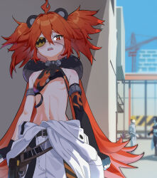 1boy 2girls animal_ear_hairband animal_ears bear_ear_hairband bear_ears black_hair blush breasts breasts_out clothes_lift embarrassed eyepatch grace_howard hard_hat helmet kobanzameexples koleda_belobog loli matching_hair/eyes multiple_girls nipples one_eye_covered red_eyes red_hair shirt_lift small_breasts twintails zenless_zone_zero