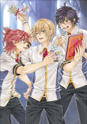 3boys akane_teruhiko black_hair blazblue blazblue_alternative:_dark_war blazblue_remix_heart blonde_hair blush brown_hair candy dark-skinned_male dark_skin food glasses green_eyes grey_eyes height_difference highres kisaragi_jin lollipop male_focus multiple_boys necktie official_art one_eye_closed pink_hair ponytail red_eyes red_neckwear shirt short_hair smile sweets t-shirt taro_sasagae yaoi
