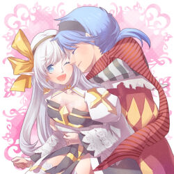 1boy 1girl arch_bishop_(ragnarok_online) black_dress black_hairband black_scarf blue_eyes blue_hair blush bow breasts cleavage cleavage_cutout closed_eyes closed_mouth clothing_cutout coat cross dress frilled_thighhighs frills hair_bow hairband hetero hug hug_from_behind juliet_sleeves long_hair long_sleeves looking_at_another male_focus medium_breasts minstrel_(ragnarok_online) miyoshi_ryo one_eye_closed open_mouth pointy_ears puffy_sleeves ragnarok_online red_coat red_scarf scarf smile striped_clothes striped_scarf thighhighs third-party_source two-tone_dress upper_body white_dress white_hair white_scarf white_thighhighs yellow_bow