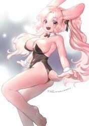 1girl :d animal_ears armpits artist_name bare_arms bare_legs bare_shoulders barefoot black_bow black_bowtie black_leotard black_ribbon bowtie breasts collar dated detached_collar fang floating_hair foot_out_of_frame from_side furry furry_female hair_ribbon kiichi_(ca0sf) large_breasts leg_up leotard light_blush long_hair looking_at_viewer open_mouth original parted_bangs pink_fur pink_hair pink_tail playboy_bunny rabbit_ears red_eyes ribbon short_tail smile solo standing standing_on_one_leg strapless strapless_leotard tail toes twintails twitter_username very_long_hair wavy_hair whiskers white_collar white_wrist_cuffs wrist_cuffs