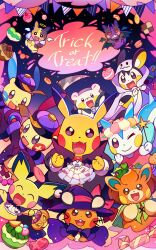 :d ^_^ brown_eyes closed_eyes clothed_pokemon dedenne emolga fangs food gen_1_pokemon gen_2_pokemon gen_3_pokemon gen_4_pokemon gen_5_pokemon gen_6_pokemon gen_7_pokemon gen_8_pokemon halloween halloween_costume happy hat highres jack-o&#039;-lantern looking_at_viewer minun morpeko morpeko_(full) morpeko_(hangry) nintendo no_humans open_mouth pachirisu pawmi pichu pikachu plusle pokemon pokemon_(creature) selyg15 smile togedemaru