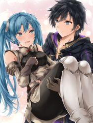 Rule 34 | 1boy, 1girl, alternate eye color, alternate hair color, ass, bare shoulders, black hair, black robe, blue eyes, blue hair, blush, brown gloves, carrying, carrying person, closed mouth, commentary request, commission, detached sleeves, fingerless gloves, fire emblem, fire emblem awakening, gloves, highres, hood, hooded robe, kei (asufend), long hair, looking at another, male robin (fire emblem), nintendo, open clothes, open mouth, pixiv commission, princess carry, robe, severa (fire emblem), short hair, smile, twintails, very long hair